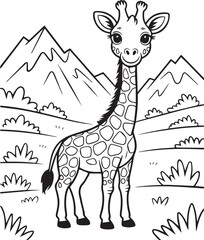 Baby Giraffe on natural background black line art vector illustration for kids coloring page or book design