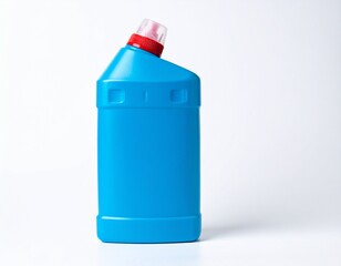 A blue plastic bottle with a red cap. The container is for cleaning, and it's displayed on a plain white background
