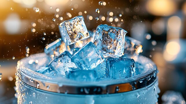 Close-up of a transparent ice maker in action, releasing crystal-clear cubes into a frosted container, condensation forming on the lid, bright lighting, high-definition realism