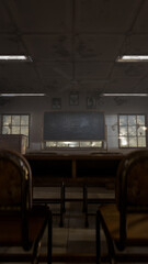 Abandoned classroom with a blackboard and a clock. The room is dark and empty. Premium photo 3d render