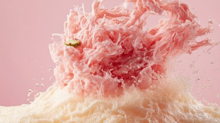 Trend Angel Hair  Dubai chocolate with pistachio nut paste and Pismaniye (Turkish cotton candy). Trendy white and pink cocoa spread dessert banner.