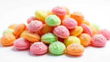 Pile of colorful sugary snacks on white background, tempting, fat, treats