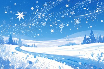 Winter scene with snow-covered fields, trees, and falling snow under blue sky