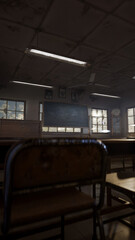 Abandoned classroom with a blackboard and a clock. The room is dark and empty. Premium photo 3d render