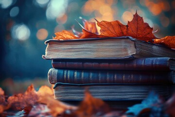 A stack of vintage books adorned with autumn leaves, evoking feelings of warmth and nostalgia.