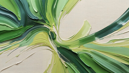 Abstract textured oil painting in various shades of green on a cream background