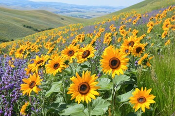 Fototapeta premium Sunflowers and lavender bloom on rolling hills under a bright summer sky.