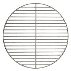 Transparent, top-view 3D render of a round stainless steel BBQ grill grate.