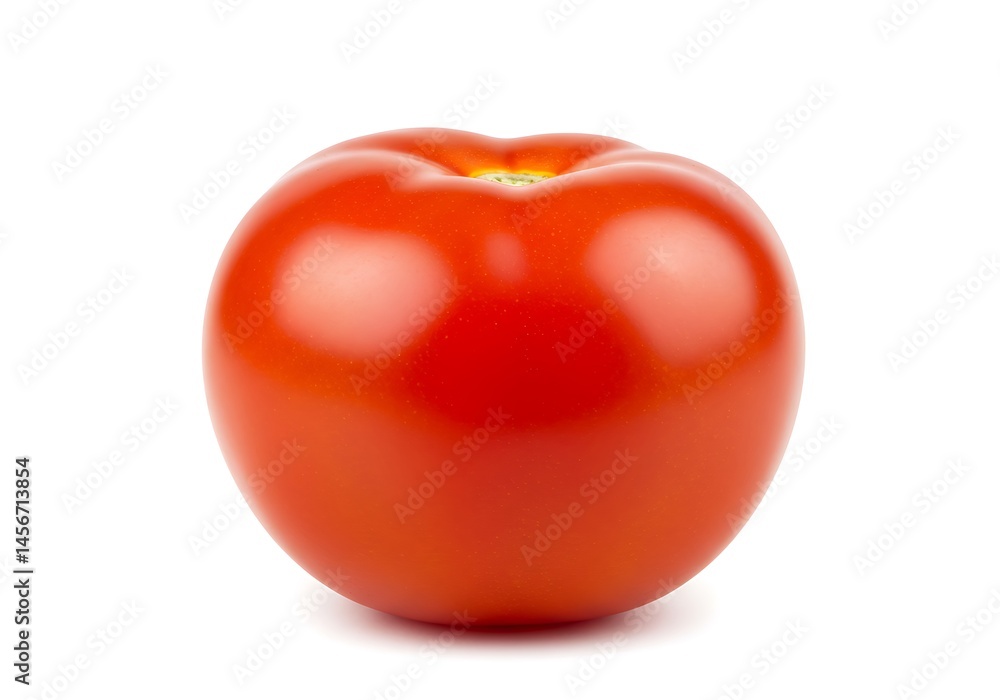 Poster a single red tomato centered on a white background showcasing its smooth skin and round shape in det