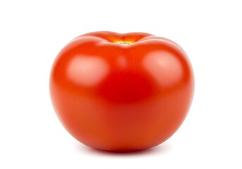 A single red tomato centered on a white background showcasing its smooth skin and round shape in detail
