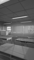 Abandoned classroom with a blackboard and a clock. The room is dark and empty. Premium photo 3d render