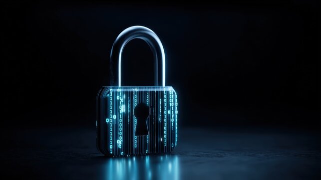 A digital padlock with glowing binary code lines symbolizes cybersecurity and data protection in a dark, futuristic setting.