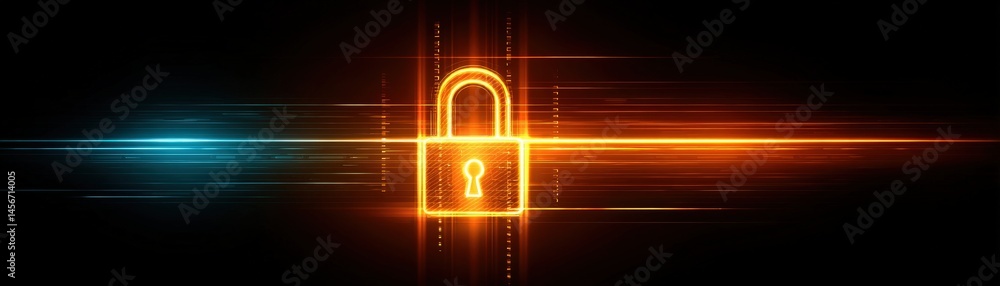 Poster a glowing digital padlock symbolizes cybersecurity and data protection in a high-tech, futuristic se