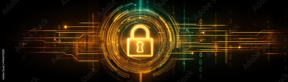 Poster a glowing digital padlock at the center of a futuristic circuit, symbolizing cybersecurity and data 