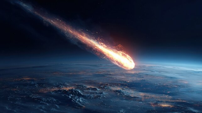 A blazing meteor streaks through space, entering Earth"s atmosphere in a stunning celestial display above the planet"s surface.