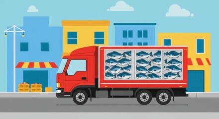 Naklejka premium Fresh Fish Delivery: A Red Truck Loaded with Seafood Rolls Through Town
