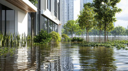 Obraz premium Innovative flood defense with greenery in urban landscape, showcasing resilience and sustainability