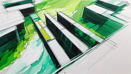 Architectural concept sketch of modern buildings with green tinted glass and landscape integration