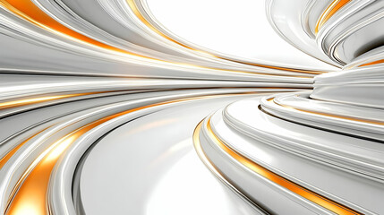 Abstract architectural design, white and gold flowing forms create a dynamic, futuristic interior space.  Detailed 3D rendering showcasing smooth, curving surfaces