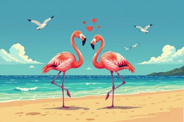 Obraz premium Two flamingos engaged in love dance, beaks touching, surrounded by hearts. Concept of playful flamingo love dance, cheerful animals in whimsical beach scene.