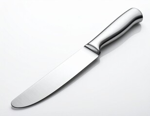 Fototapeta premium Sleek stainless steel knife against a white backdrop. The blade is angled to the right, reflecting bright light, indicating sharpness