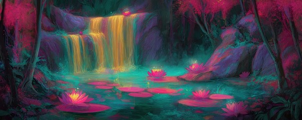 A vibrant, mystical forest scene with glowing waterfall, neon water lilies, and lush, colorful foliage reflecting in a serene pond.
