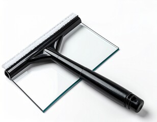 A black squeegee rests on a glass pane, ready for cleaning. A white applicator sponge is visible, and a black handle extends