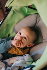 A delightful baby sitting contentedly in a green stroller, wrapped in a plush blanket, radiating warmth and innocence. The scene conveys security, comfort, and the soft joys of childhood.