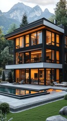 Fototapeta premium Mountain home with pool, warmly lit at dusk