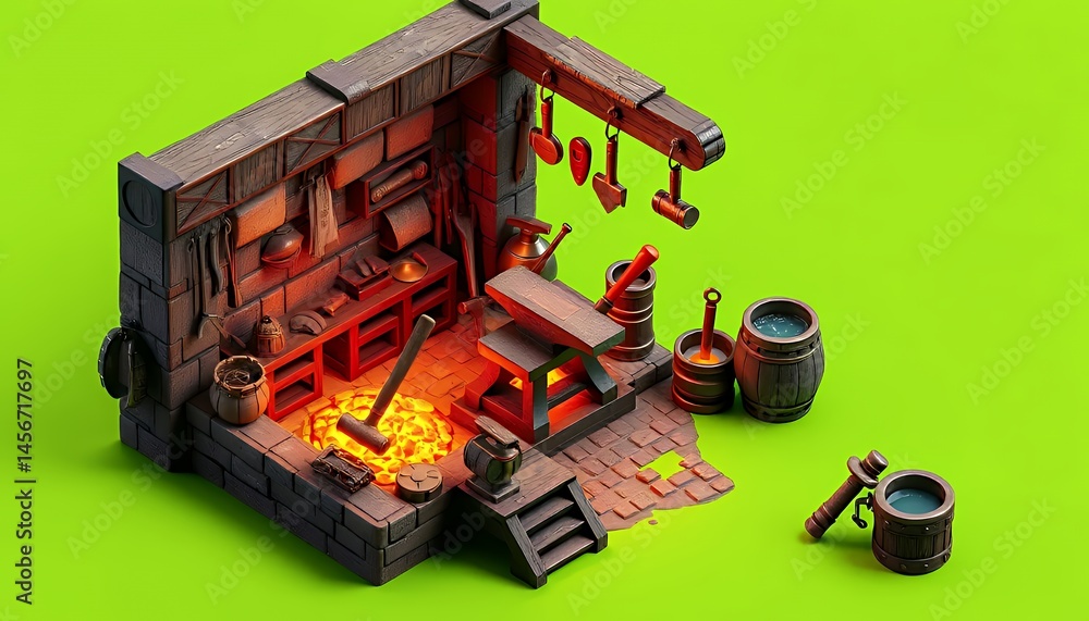 Poster detailed isometric blacksmith workshop with glowing forge and tools isolated on green screen ideal f