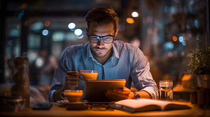 Focused Young Man Reviewing Business Data on Tablet in Cafe