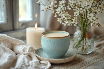 soy milk in elegant setting, subtle ceramic detail, cozy breakfast look