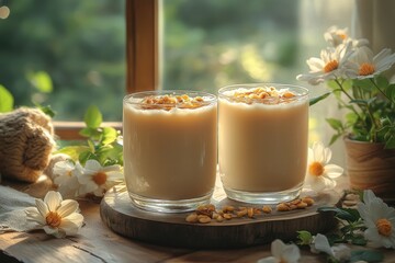 Thai soy milk and pa tong go on breakfast table, warm lighting and natural tone