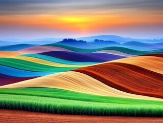Vibrant Rolling Hills Sunset Landscape Colorful Fields and Dramatic Sky at Dawn