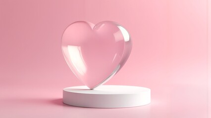 A clear heart shaped object on a white pedestal on a pink background.