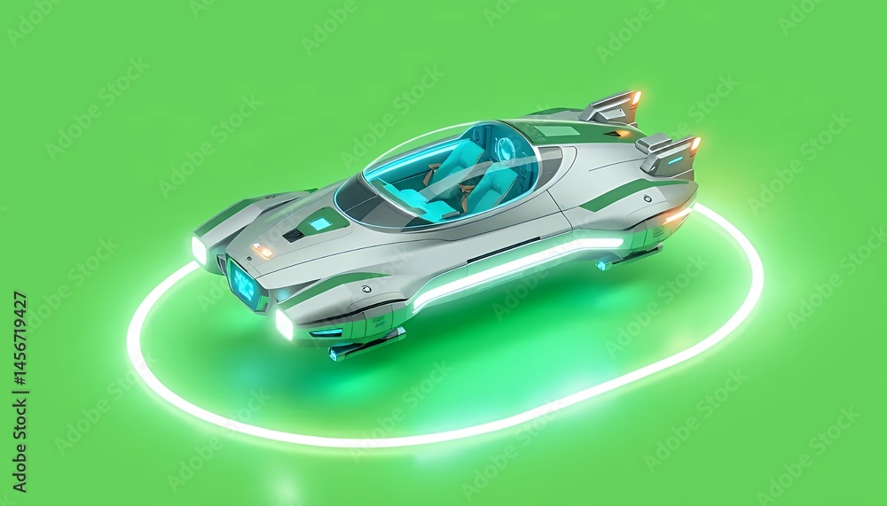 Poster futuristic white pixelated car isometric 3d rendering on green screen with teal neon lights for vfx 