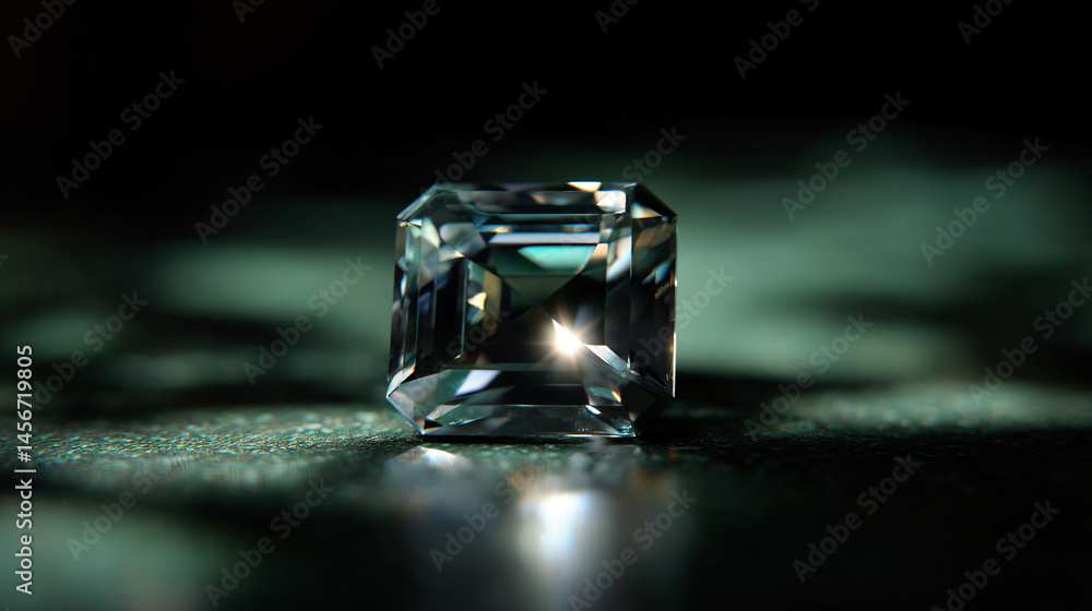 Poster front view of a square emerald cut gem charm with precision and clarity.