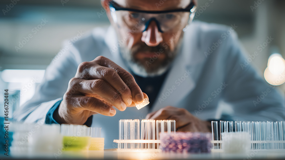 Poster focused scientist conducting experiments in a laboratory