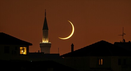 Fototapeta premium Crescent Moon over a Mosque at Dusk