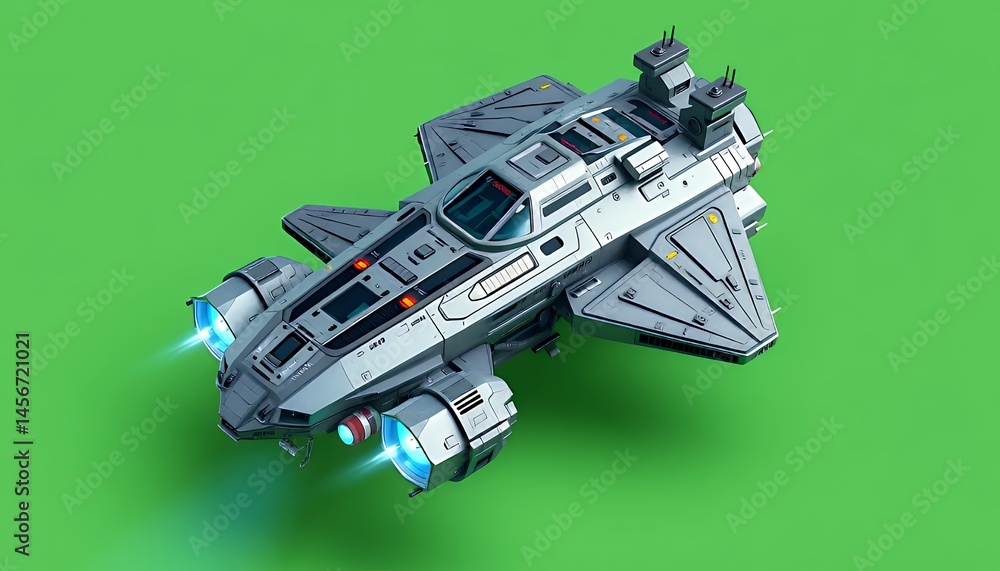 Poster isometric 3d gray spaceship on green screen for vfx movie game element with blue glowing engines iso