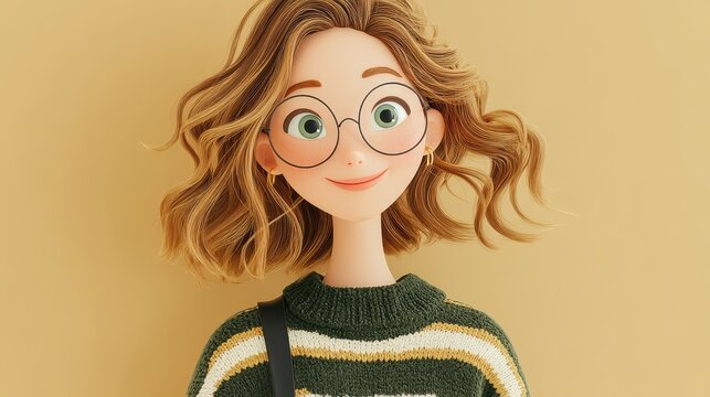 3d illustration, cute cartoon smiling woman wearing spectacles,photo stock