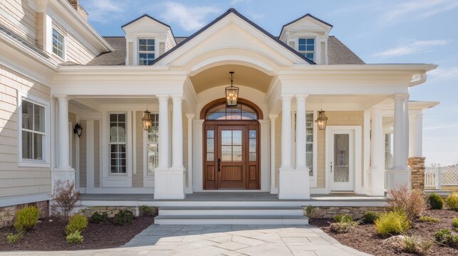 Elegant house facade with refined architectural details, embodying timeless sophistication and welcoming charm
