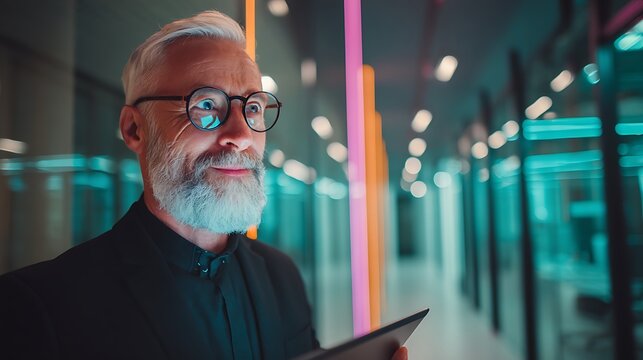 Senior businessman holding tablet in modern office.