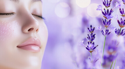 Fototapeta premium serene woman enjoying lavender spa treatment with glowing skin