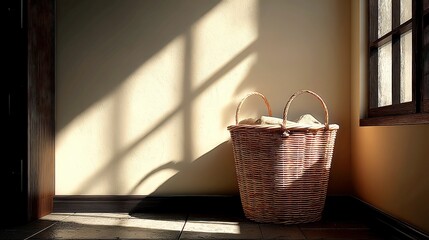 Warm Swiss Coffee wall with soft matte finish, woven basket casting a gentle shadow in the corner, inviting ambiance, serene and minimalist decor setting.