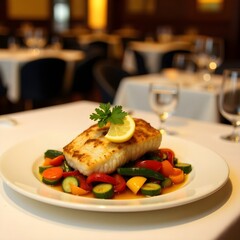Exquisite fish dish served with vibrant vegetables at a fine dining restaurant in the evening