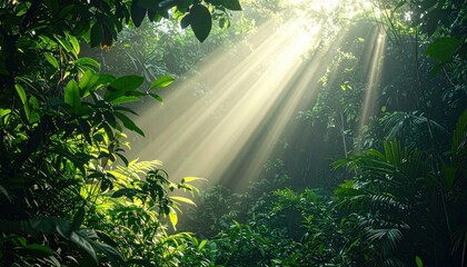 Sunlight filtering through dense jungle canopy tropical rainforest nature photography serene environment vertical view natural beauty