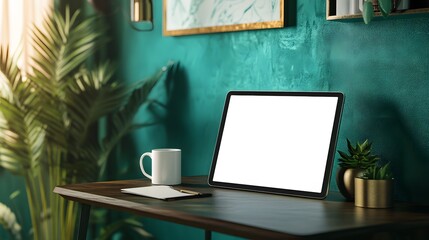 Stylish digital tablet on a wooden desk in a teal room.