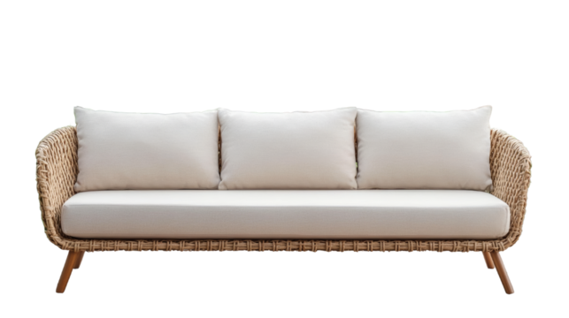 Modern wicker sofa with cushions on a transparent background  