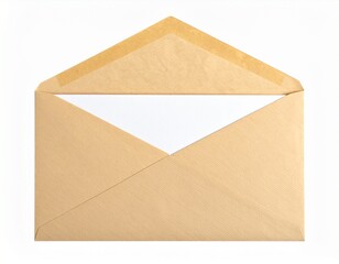 An open, brown envelope reveals a white sheet of paper inside, taped shut, isolated on white